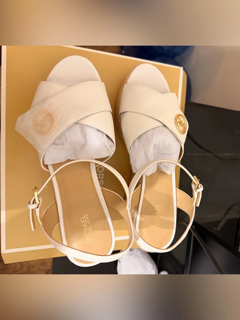 Michael Kors White Leather Platform Wedge Sandals with Gold MK Accent